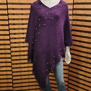 NWT! Plum poncho knit with diamonds & fringe